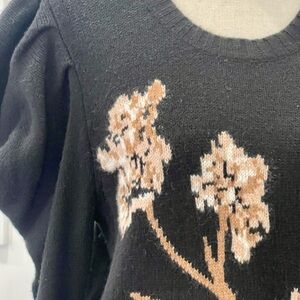 Vintage, BCBG wool sweater with flowers on front, ruffle top sleeve